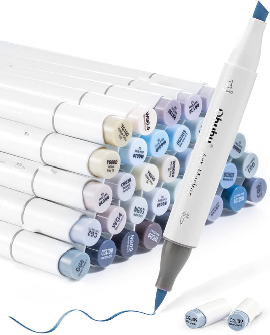 Ohuhu Honolulu 36 Gray Tone Colours Dual Tips Alcohol Art Markers - Brush & Chisel