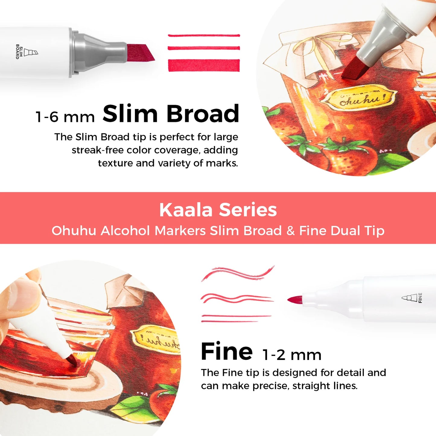 Ohuhu Kaala Slim Broad and Fine Dual Tips Alcohol Art Markers - 24 Basic Colours