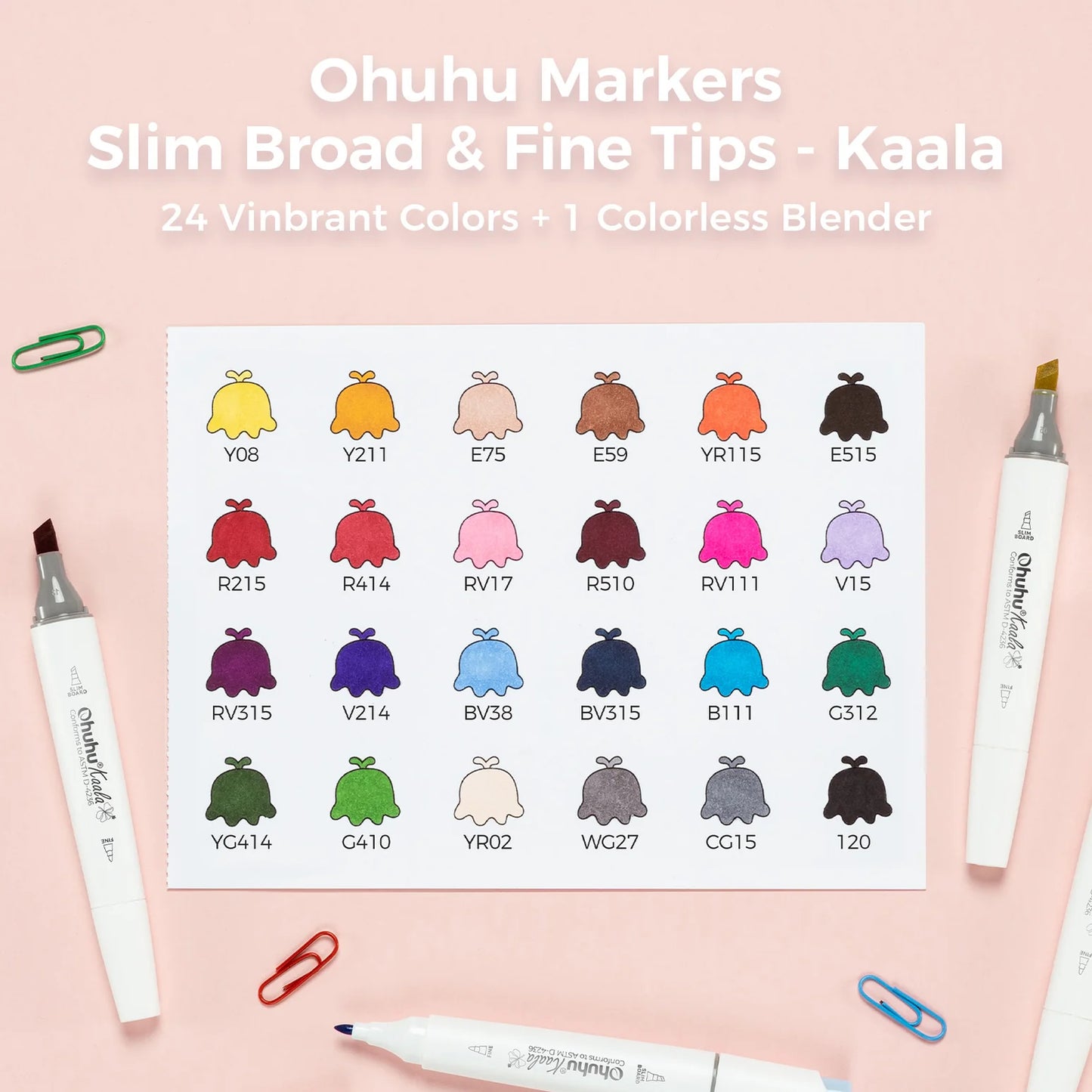 Ohuhu Kaala Slim Broad and Fine Dual Tips Alcohol Art Markers - 24 Basic Colours