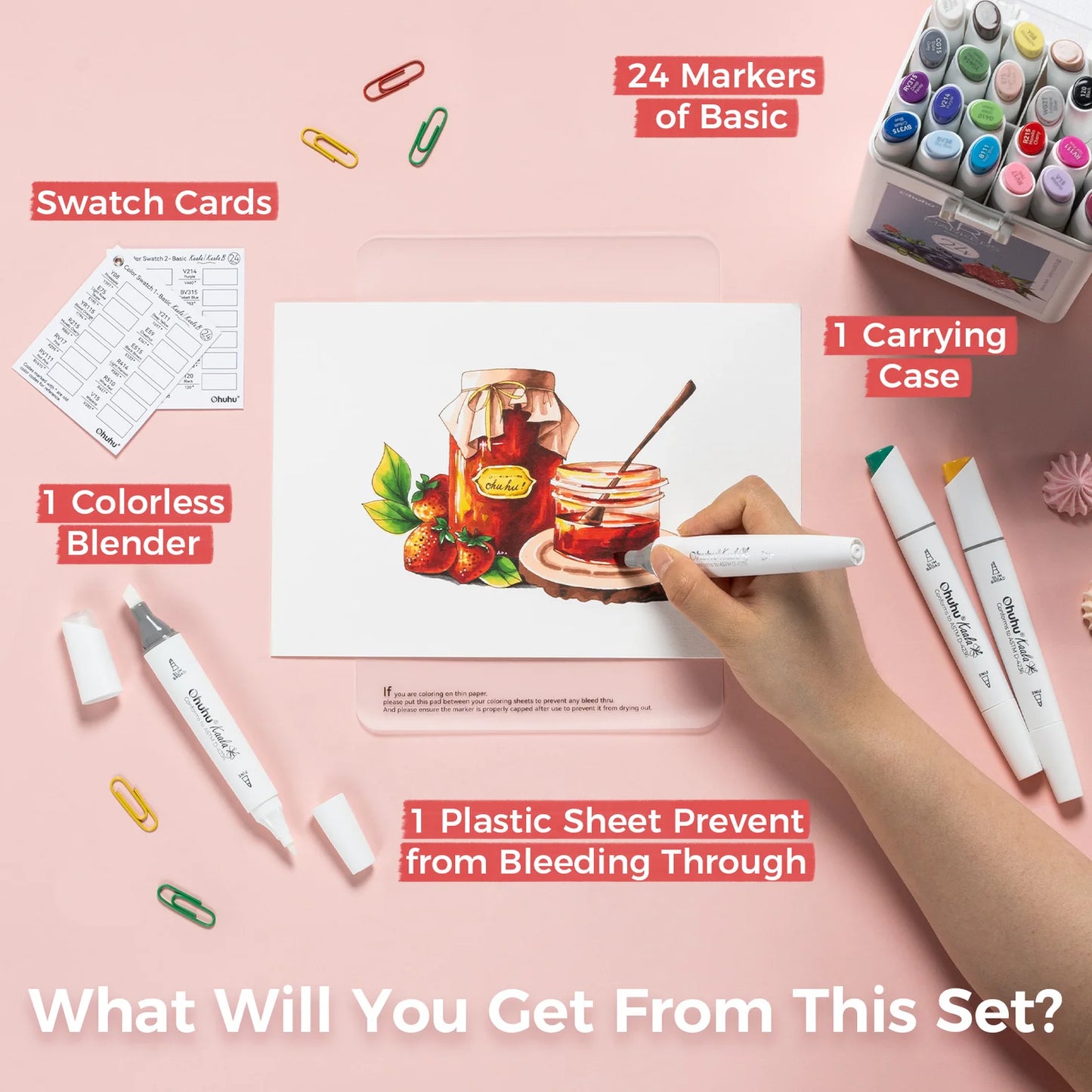 Ohuhu Kaala Slim Broad and Fine Dual Tips Alcohol Art Markers - 24 Basic Colours